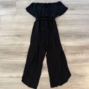 Blue Blush Black Off-Shoulder Jumpsuit with Wide-Leg Slit Pants